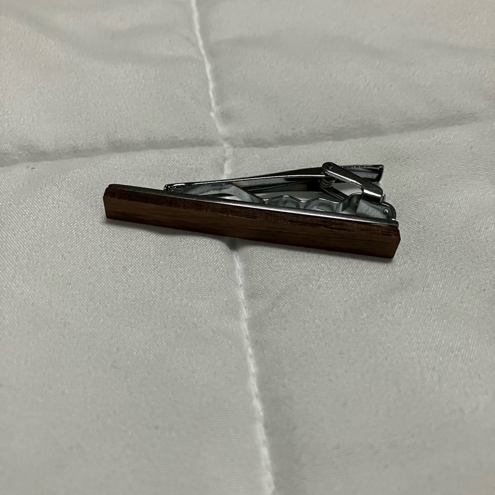 Elegant Silver and Brown Wood Tie Clip